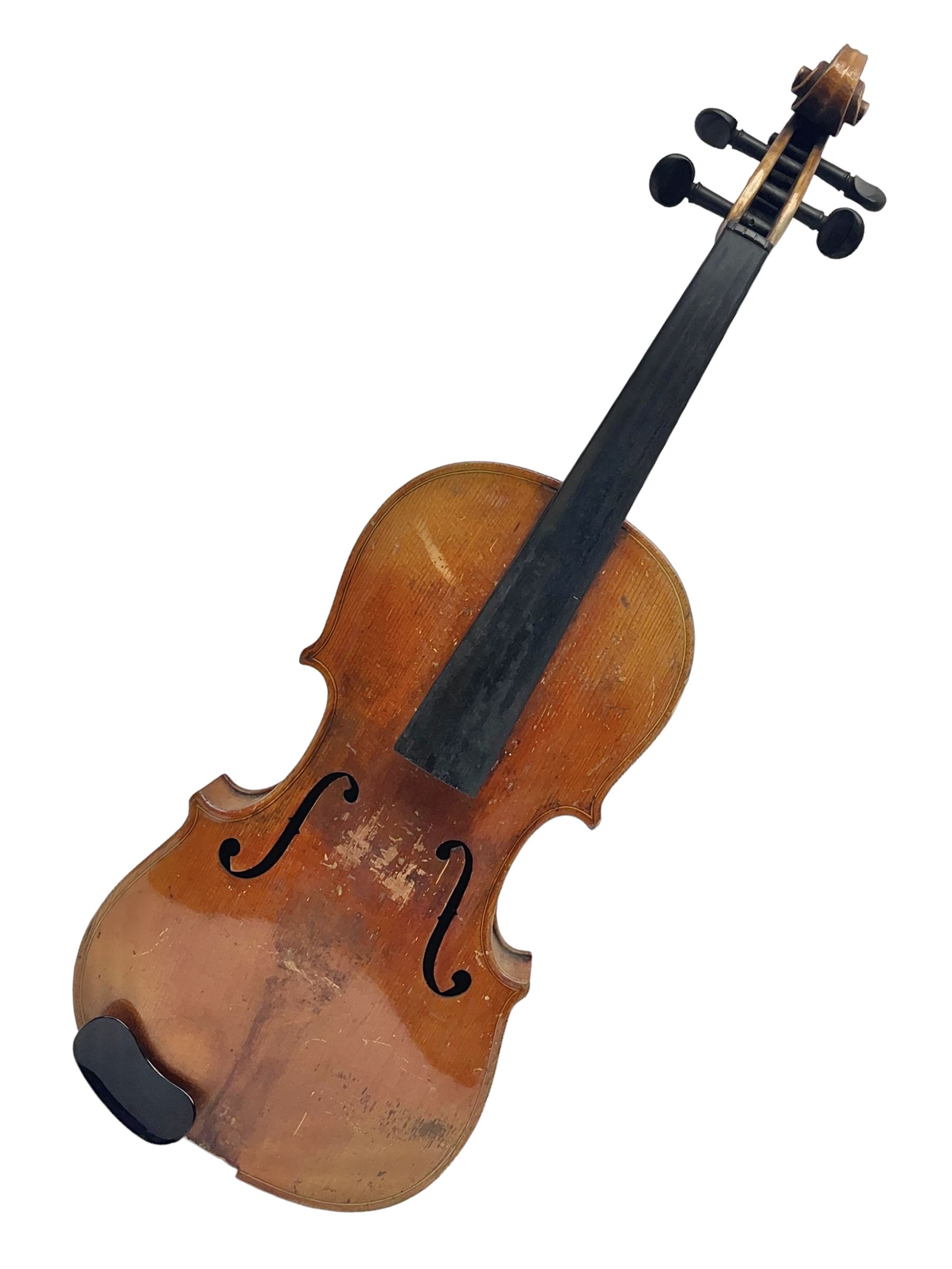 German violin c1900 for re-assembly with 36cm two-piece maple back and ribs and spruce top; L59cm; in ebonised wooden 'coffin' case with two bows
