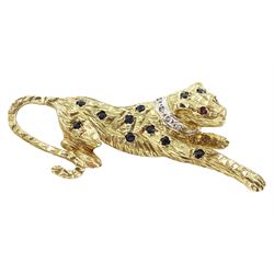 9ct gold sapphire, ruby and diamond leopard brooch, hallmarked