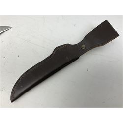 German Puma Skinner knife, the 13cm steel blade marked model 6393, serial No.55472 to guard, fixed blade, antler scales; in original hard plastic case; with brown leather sheath L29cm overall