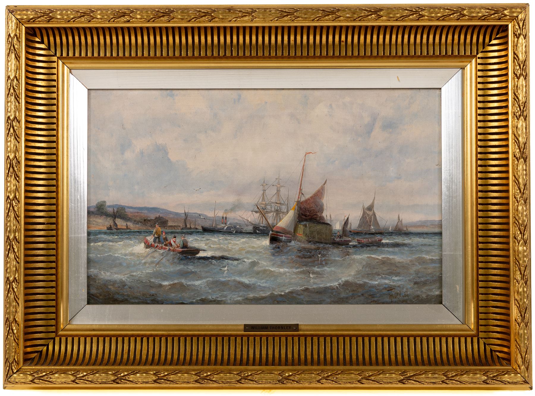 William Anslow Thornley (British fl.1858-1898): 'Hay Barge and Shipping - Mouth of the Thames', oil on canvas signed, titled on the stretcher verso 24cm x 39cm