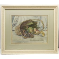 English School (Early 20th century): Fallen Basket of Fruit, watercolour unsigned 34cm x 44cm, together with a 20th century landscape oil by another hand 18cm x 23cm (2)