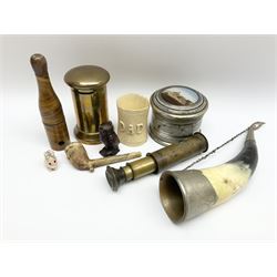 Small brass money box in the shape of a post box, metal powder box, horn cup  and other miscellaneous items