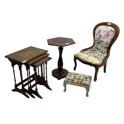 Victorian mahogany pedestal side table, moulded hexagonal top on faceted elongated vasiform pedestal, circular platform with turned bun feet (D51cm, H67cm); a nest of three mahogany occasional tables; Victorian design stained beech framed nursing chair; and a small cabriole stool 