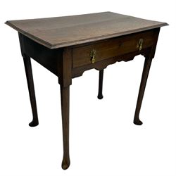 George III oak and elm low-boy, rectangular top with moulded edge, fitted with single drawer cast brass drop handles, shaped apron over cabriole supports terminating in pointed feet