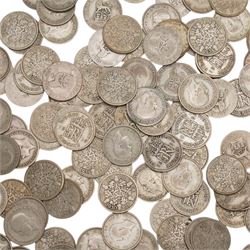 Approximately 1050 grams of Great British pre-1947 silver sixpence coins, and approximately 26 grams of Great British pre-1947 silver threepence coins