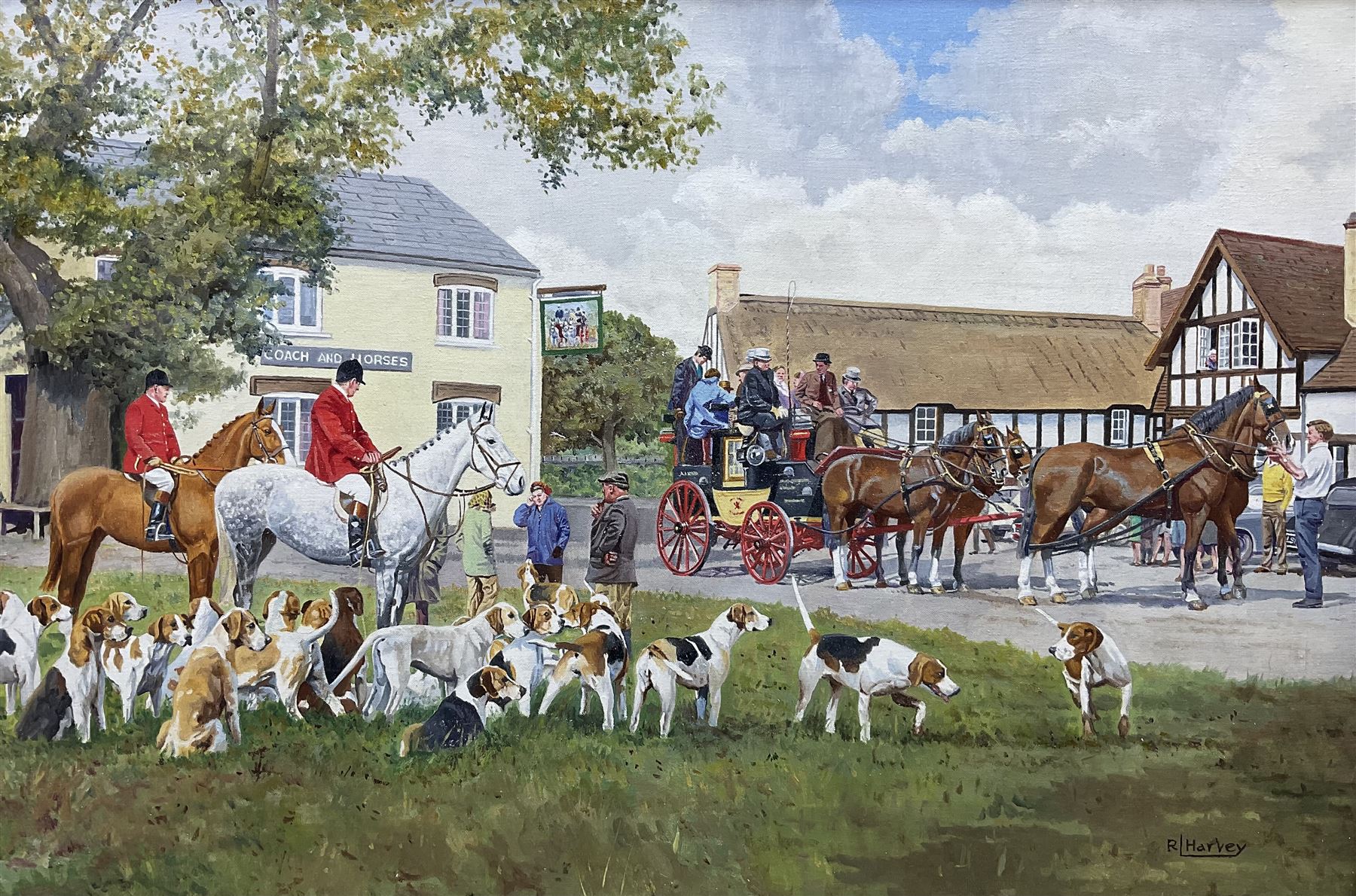 Reginald Llewellyn Harvey (British 1888-1973): 'Arriving at the Meet', oil on canvas signed, titled on label verso 49cm x 74cm 