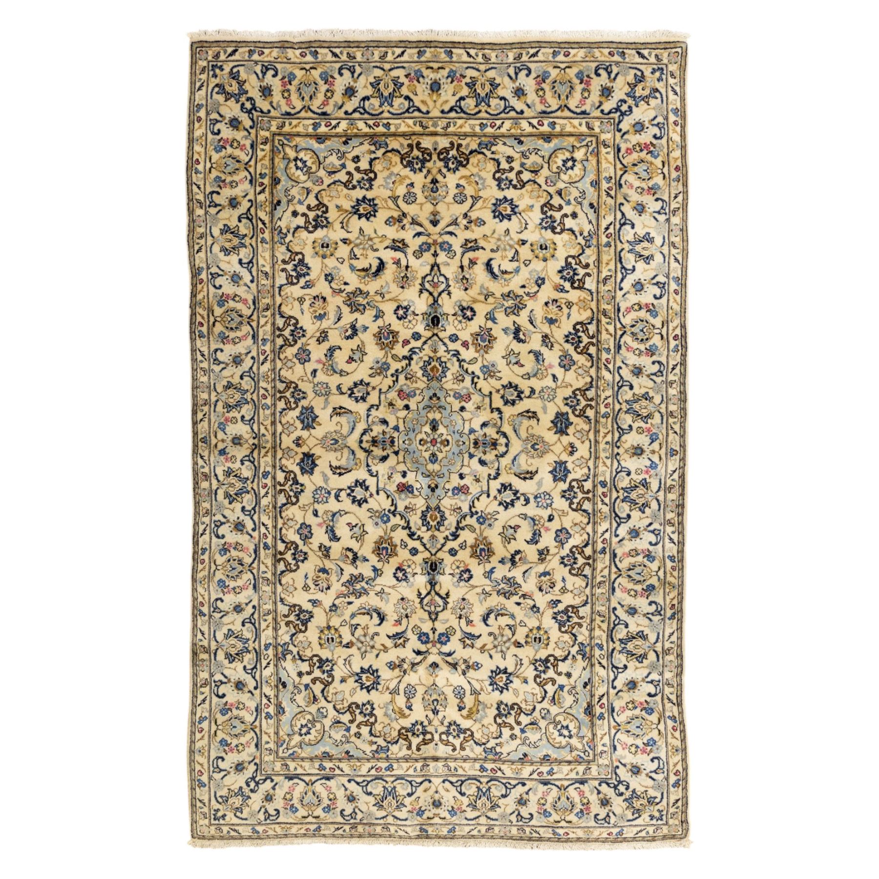 Central Persian Kashan hand-knotted carpet, ivory ground, with a central pale blue shaped floral medallion with pendants, surrounded by scrolling foliate and floral motifs incorporating rosettes, palmettes and delicate vine work in blue, cream and beige tones, enclosed by an ivory border with repeating palmettes and meandering vines, flanked by floral guard stripes, with cotton fringes