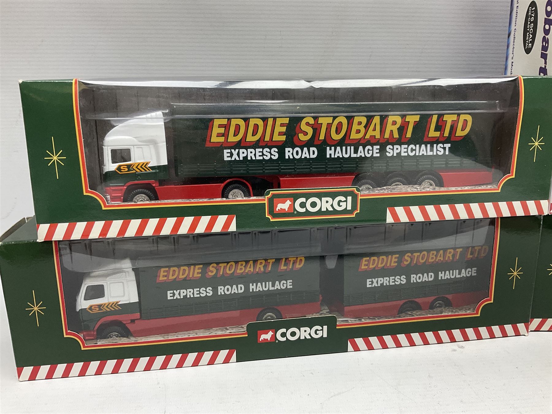 Eddie Stobart - three Corgi die-cast lorries comprising Volvo Short Wheelbase Lorry with Close Couple Trailer; 59516, Renault Curtainside Trailer; 59538 and ERF Curtainside Trailer; 59502, Oxford 1:76 scale die-cast Scania EVO 6 Car Transporter, togther with various Atlas models, all boxed (10)