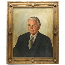 Brenda Bury (British 1932-): Members of European Parliament - 'Diana Elles Baroness Elles' 'Aeneas Simon Mackay 15th Lord Reay' 'David Lewis 1st Baron Brecon' 'Sir Peter Kirk' 'Derek Walker Smith Baron Broxbourne' and 'Tufton Beamish Baron Chelwood', set of six oils on canvas signed with initials, in matching frames, 76cm x 59cm (6)
Provenance: Property of a Nobleman.
