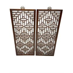 Pair 19th century Chinese lattice wall panels, in moulded frames with metal hangers, the lattice work with reed moulding