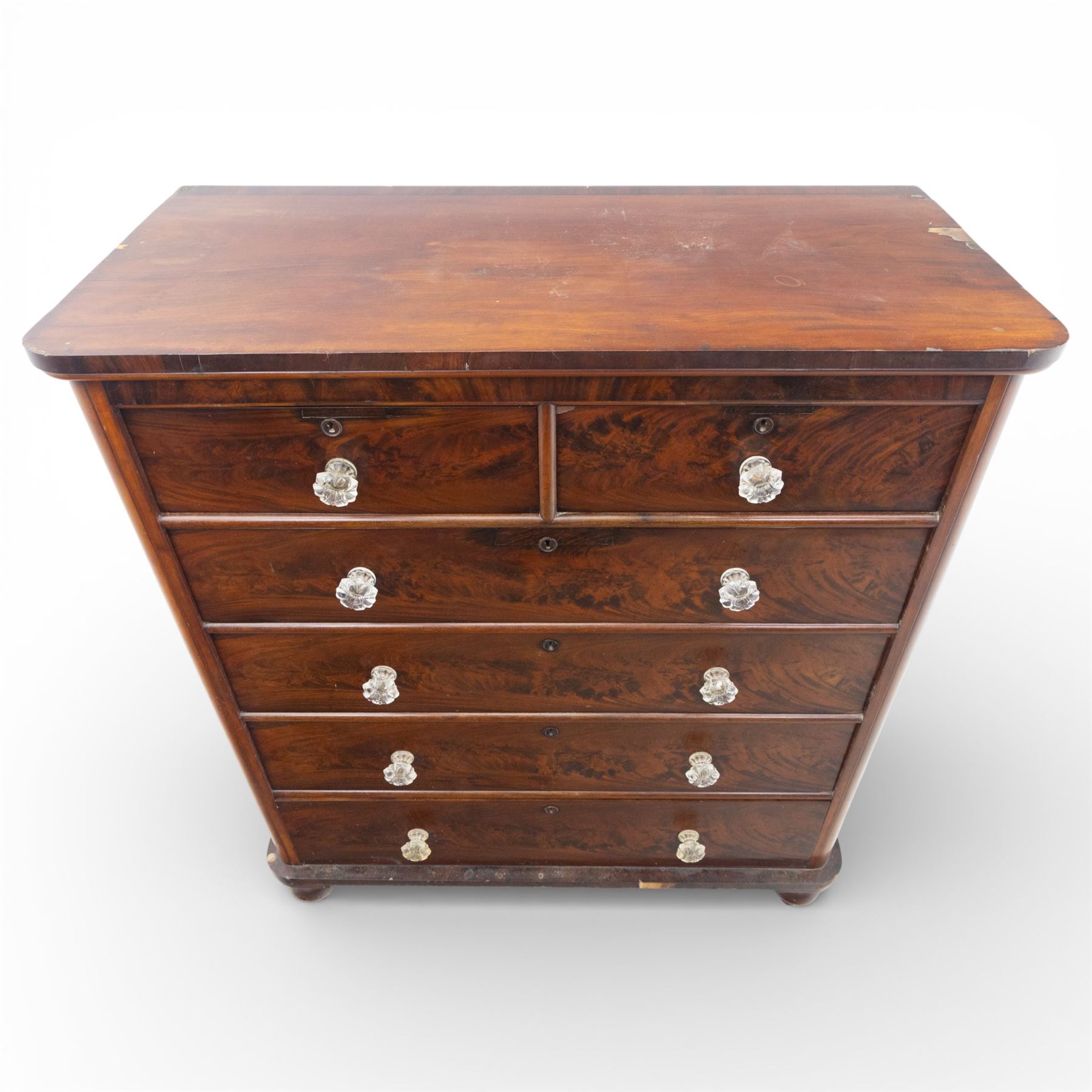 Victorian flame mahogany chest, fitted with two short over four long graduating drawers