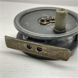 3 inch trout fly reel, with brass foot, original handle and telephone centre latch, unmarked but in the style of Hardy Uniqua 