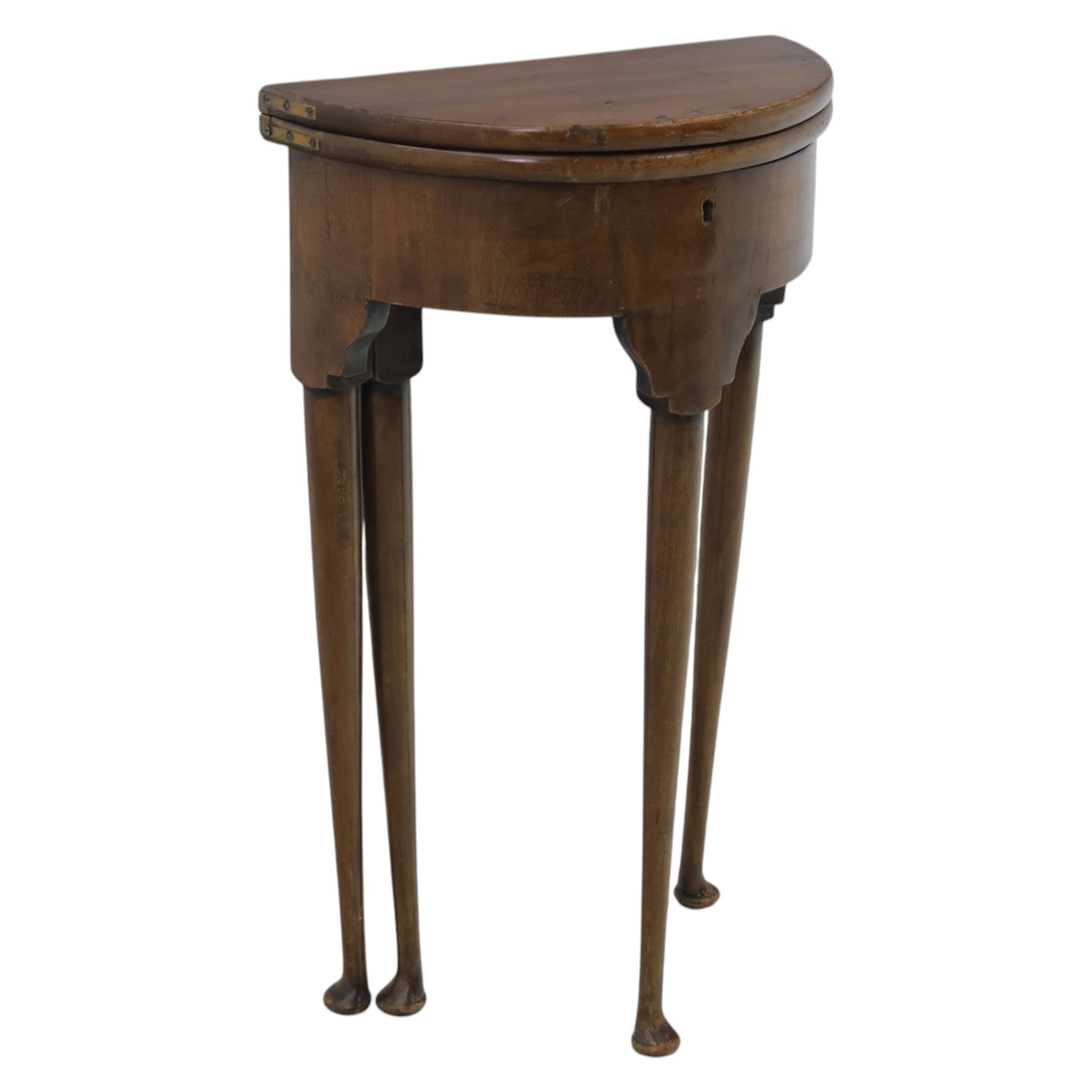 Small proportioned 19th century demi-lune drinks table, foldover top with gate action, raise on tapering cabriole legs