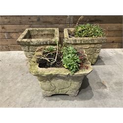 Pair of cast stone pattern tapering square planters, and a similar planter (3)