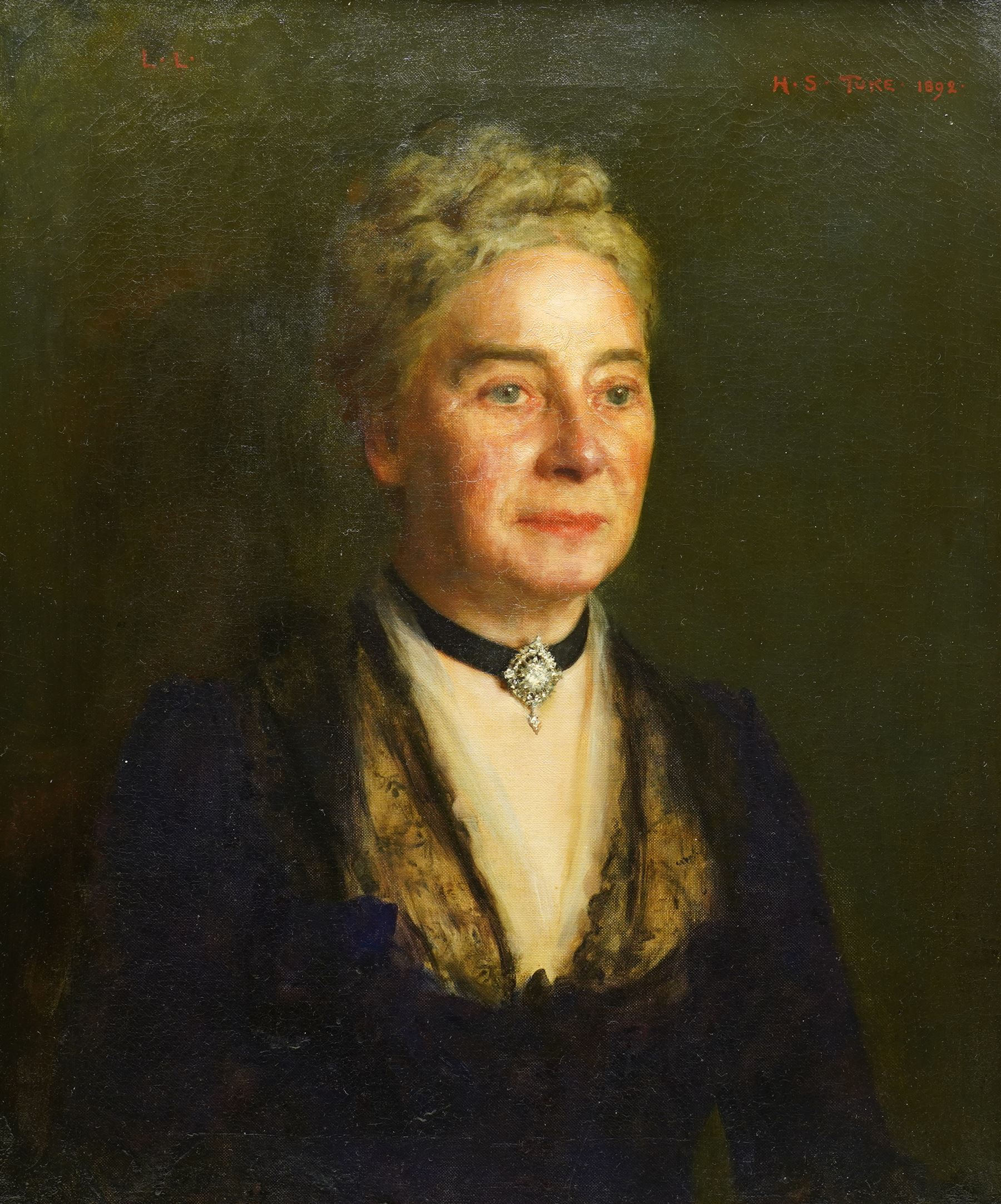 Henry Scott Tuke RA, RWS, NEAC (British 1858-1929): Portrait of Laura Julia Johanna Lawrence - Wife of Nathaniel Lawrence -  Daughter of the Rt. Hon. Sir James Bacon, half-length wearing an elegant black dress, oil on canvas signed and dated 1892 titled with initials LL 60cm x 50cm
Notes: The sitter was born 1833 and died 1917 according to a label to reverse