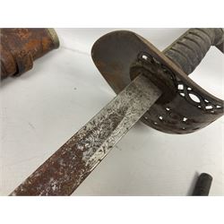 George V 1897 pattern Infantry officers sword, the 82cm single fullered blade with traces of etched detail and George V crown cipher, the ricasso marked Hawksworth Sheffield, pierced half basket hilt with George V cypher, wire-bound fish-skin grip with brass pommel and backstrap; in leather scabbard L102cm overall; together with two sectional gun cleaning rods; swagger stick made of leather strips etc