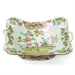19th century Spode New Stone China dessert service, comprising sauce tureen with cover stand and ladle, large two handled serving dish and smaller example, two others, and seven plates, with chinoiserie decoration, impressed marks to bases 