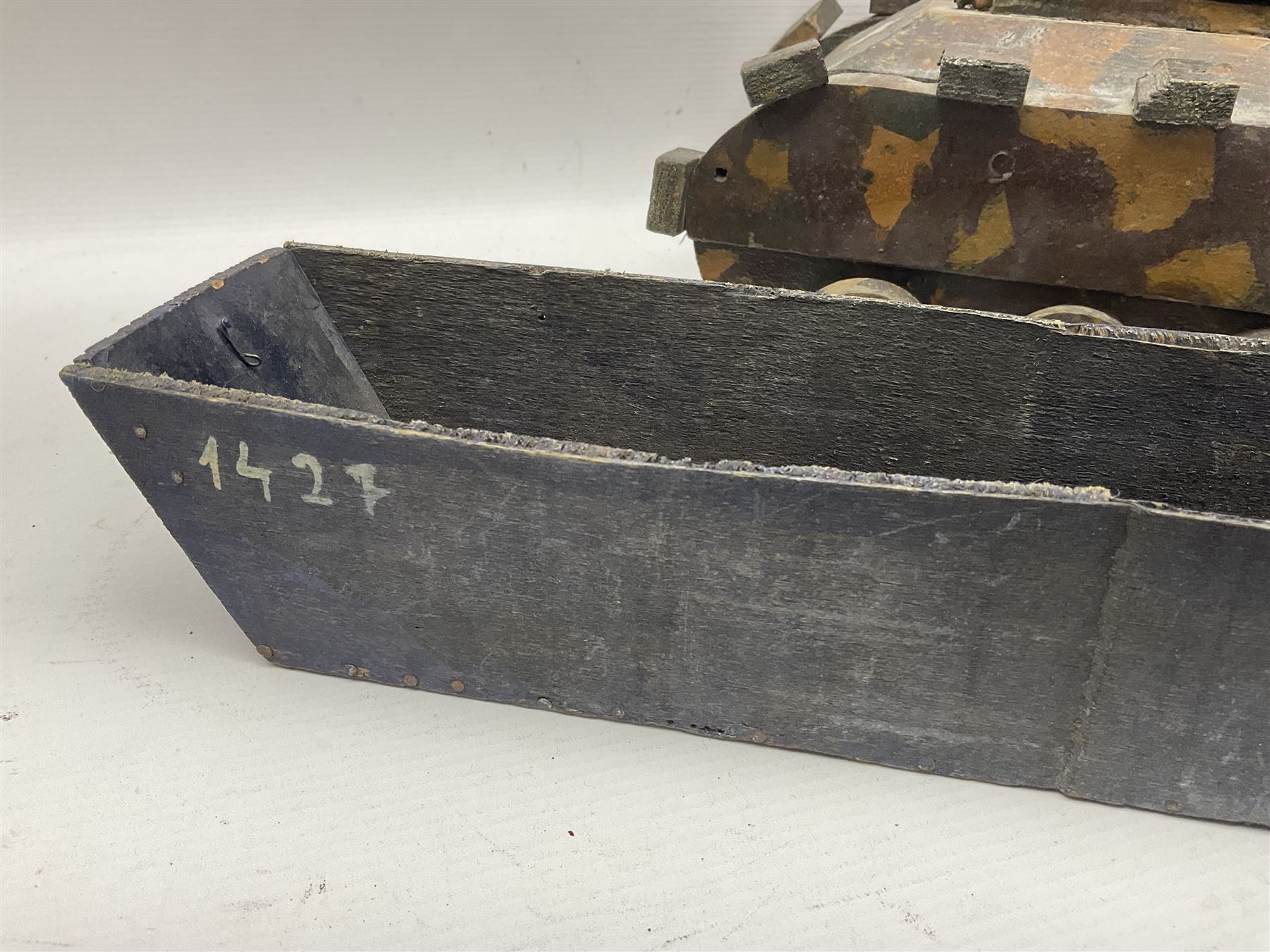 1940s French wooden eight wheel model FFI free tank, painted in brown camouflage, together with a 1940s wooden scratch built model of a landing craft, tank H18cm, W31cm