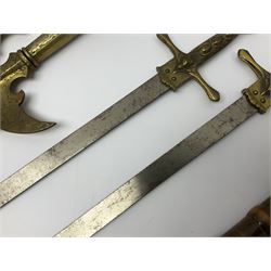 Near pair of short swords each with slightly curving 41cm fullered steel blade and all brass H-shaped hilt L52cm overall; plaited black leather whip; and reproduction pair of brass hilted swords, brass halberd blade and mace (7)