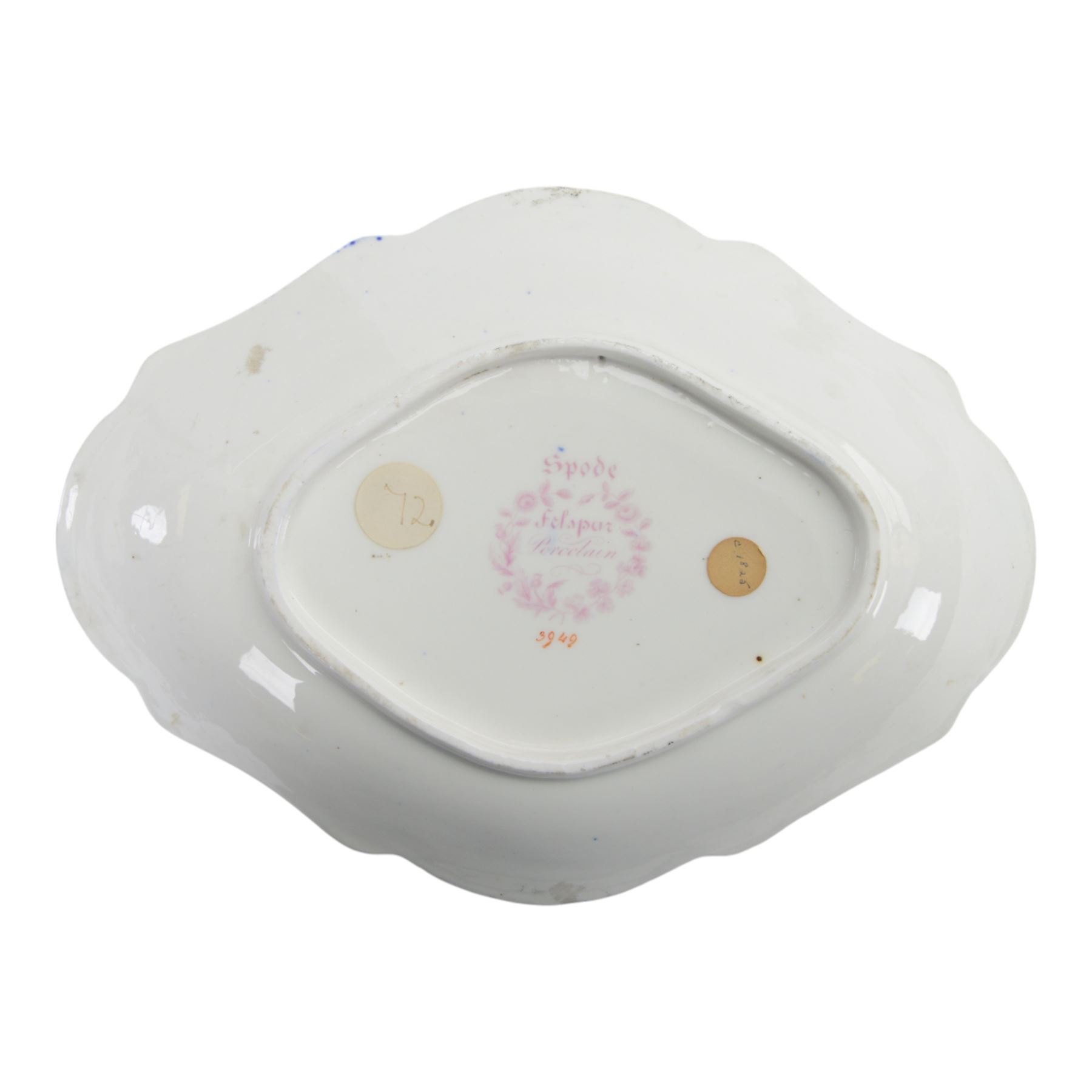 Collection of 19th century porcelain dessert wares, comprising Bloor Derby dish, circa 1825, Spode Felspar shaped oval dish, circa 1820, Ridgeway shaped oval footed dish with twin handles, circa 1840, Ridgeway dish, circa 1820, and tazza and dish, probably Minton, pattern 4810, each decorated in various patterns with floral sprays against dark blue grounds and heightened with gilt