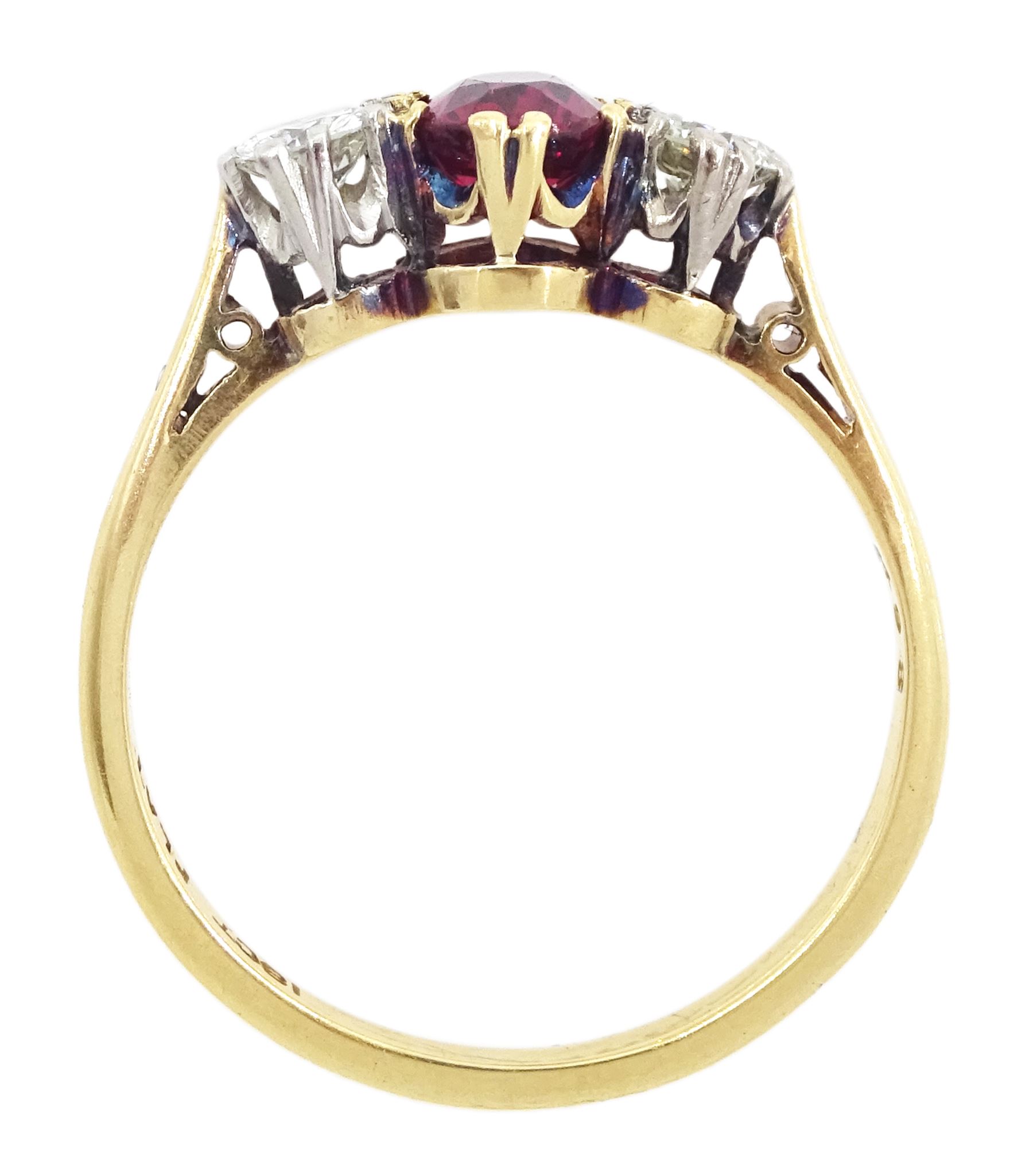 Gold three stone oval cut ruby and round cut diamond ring, stamped 18ct Plat, ruby approx 0.65 carat, total diamond weight approx 0.30 carat