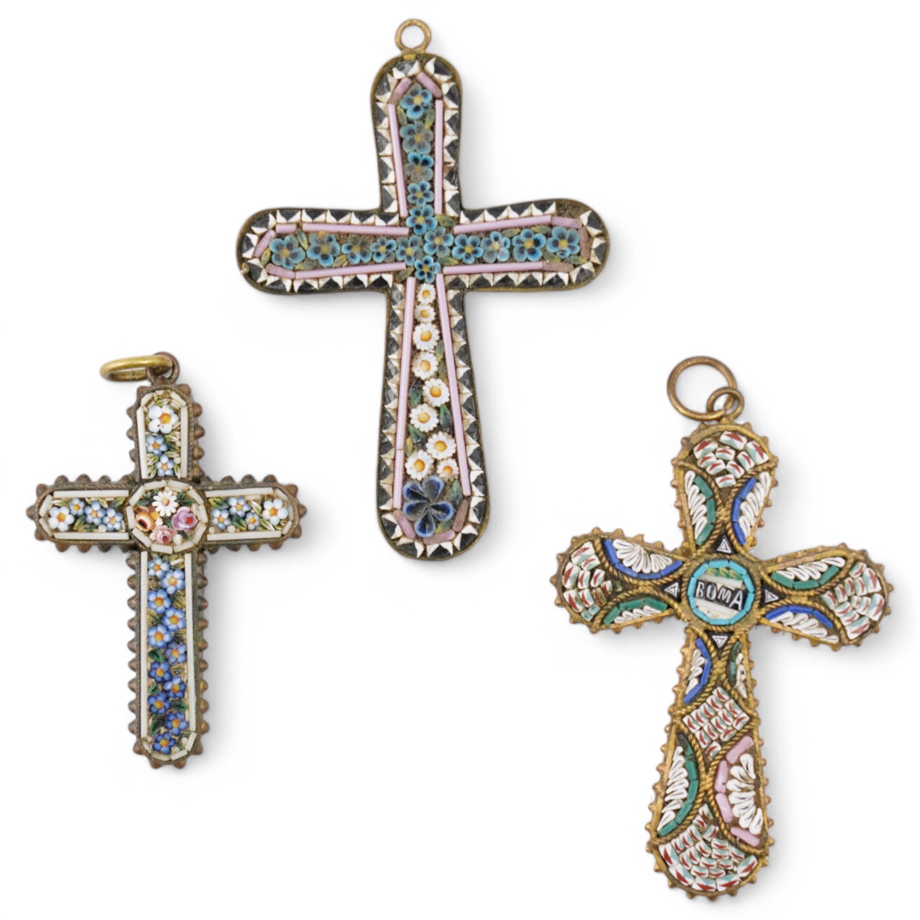 Set of six Italian micro mosaic cross pendants, each decorated with repeating floral patterns, two with central panels depicting Pope Pius XI, largest H10cm