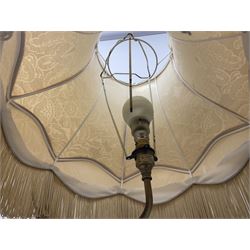 Two Giuseppe Armani figural lamps, the first modelled as an owl perched upon a book, the second modelled as a pair of owls perched upon blackberry branch, each with damask fabric tassel shades, tallest H76cm