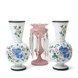 Pair of Victorian opaque glass vases painted with small landscape circular panels in blue ...
