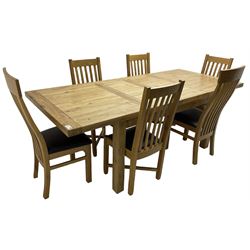 Oak rectangular dining table, pull-out extending top with two additional leaves, on square supports (100cm x 150cm - 230cm, H78cm); together with a set of six chairs high dining chairs 