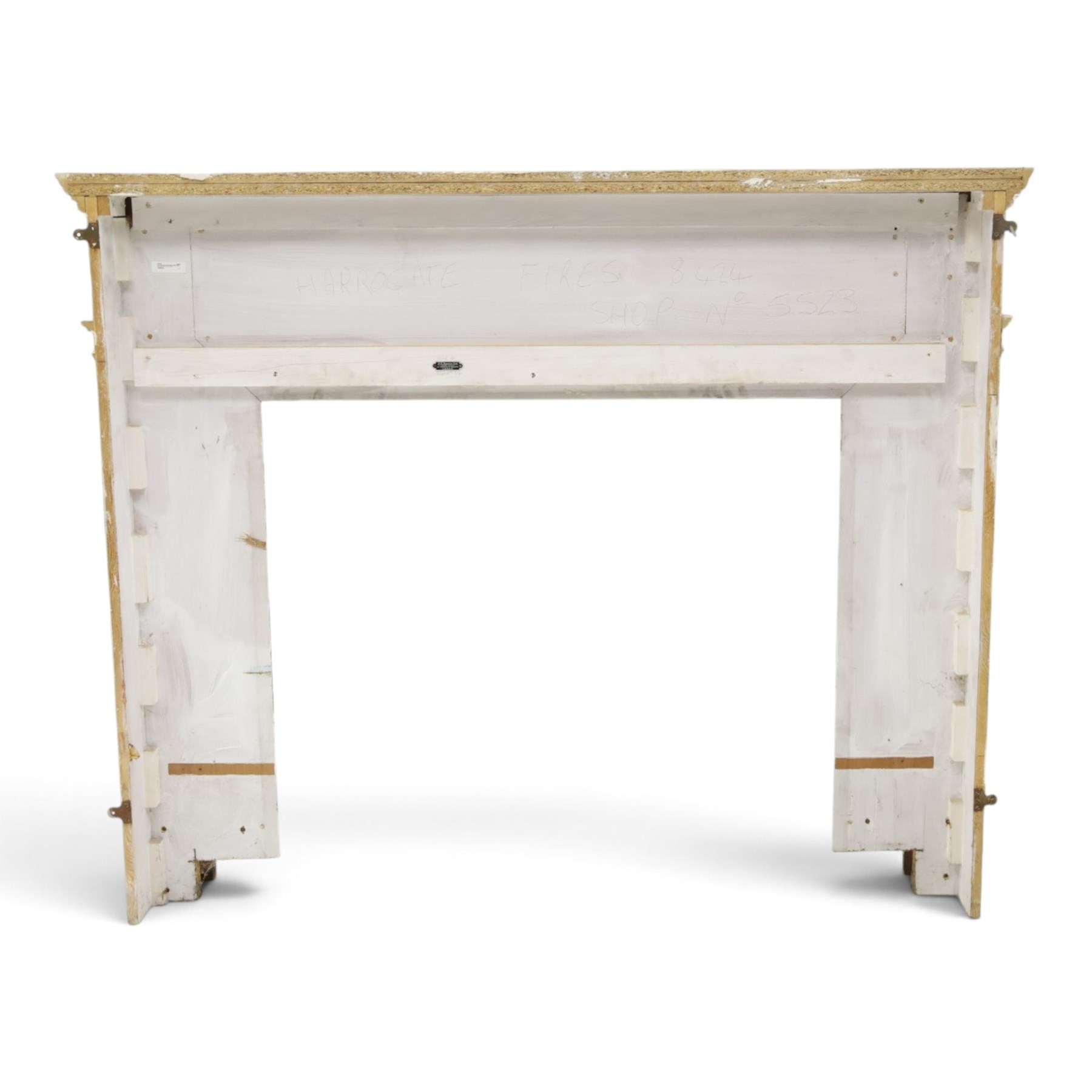 Large Adam's design white painted Neoclassical fire surround, the frieze moulded with goddess and cherubic motifs with bellflower festoons, egg-and-dart moulded inner slip flanked by Ionic capitals on classical columns