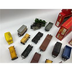 Tri-ang/Hornby '00' gauge - eighteen goods wagons including car transporters, fish van, 5-plank wagon, cable drum carriers etc; all boxed; and quantity of unboxed and playworn goods wagons