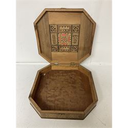 Indian octagonal marquetry box, the hinged cover inlaid with mother of pearl, together with a small Tunbridge ware box and a Chinese brass temple bell, decorated in relief with a dragon chasing a flaming pearl, octagonal box W29cm