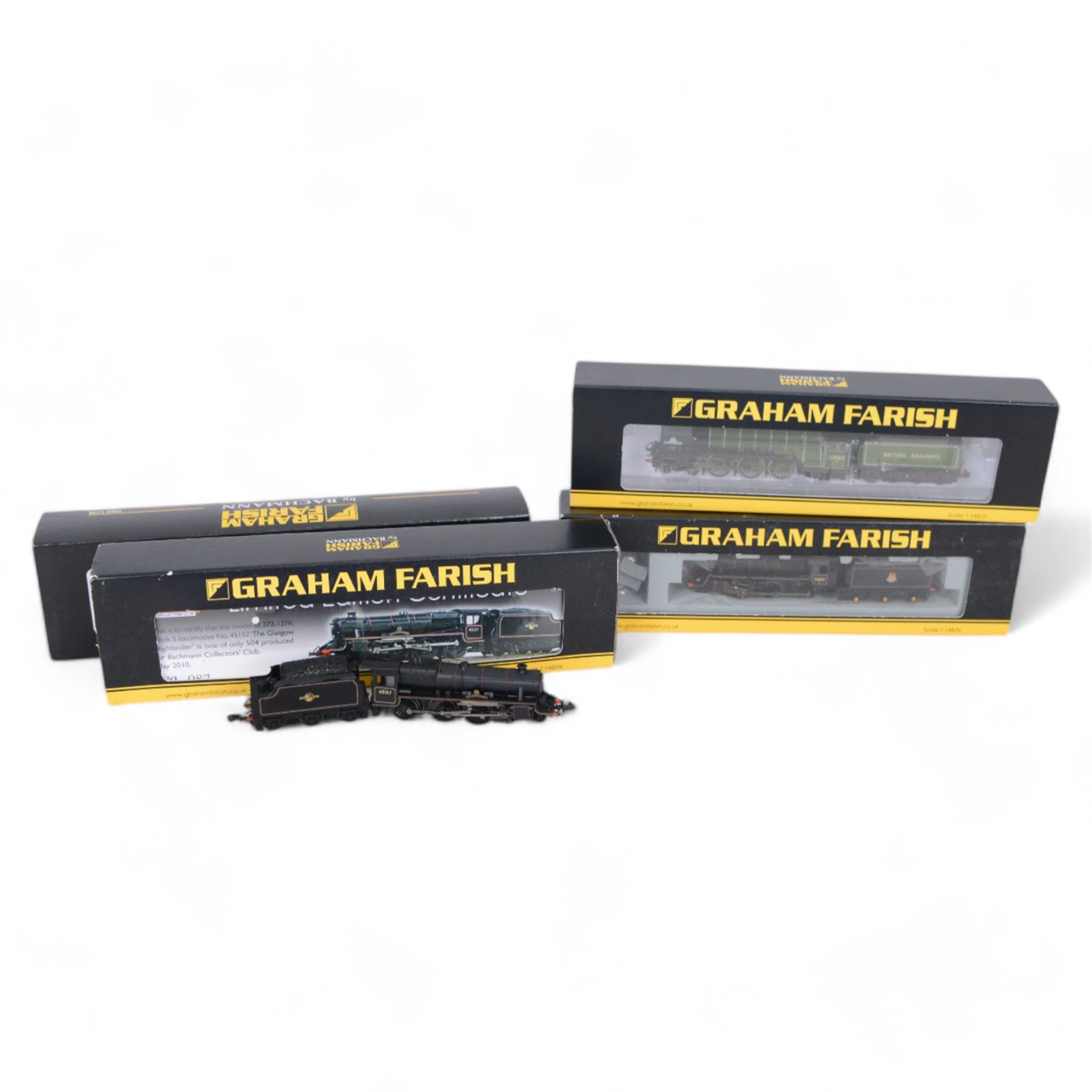 Four Graham Farish 'N' gauge steam locomotives, comprising 372-602 V2 Class 4844 'Coldstreamer' locomotive LNER Doncaster Green,  372-800 Class A1 60163 'Tornado' locomotive BR Doncaster Green, 372-137K Black 5 45157 'The Glasgow Highlander' BR Lined Black Late Crest and 372-650 Standard Class 4MT 2-6-0 76053 locomotive BR Lined Black, all boxed 