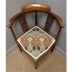  Art Nouveau mahogany inlaid corner chair, shaped cresting rail, pierced splat, square tapering supports with spade feet, upholstered in Art Nouveau 'Lanthe' fabric designed by R. Beauclair   