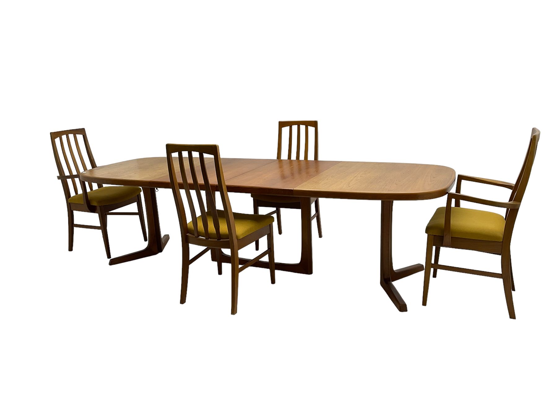 Oluf Theodore Larsen for NMB - mid-20th century teak extending dining table with two additional leaves, on splayed supports (261cm x 95cm x 73cm), and set four (2+2) mid-20th century teak dining chairs with high vertical slatted back on tapered supports (54cm x 51cm x 99cm)