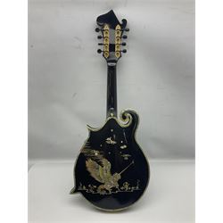 Eastern F-hole eight-string mandolin with black finish and mother-of-pearl inlay of a man riding a winged horse/unicorn amongst clouds and stars with playing card suits to the fingerboard L71cm