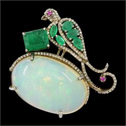 Silver opal, emerald, diamond and ruby bird pendant / brooch, emerald and diamond perched ...
