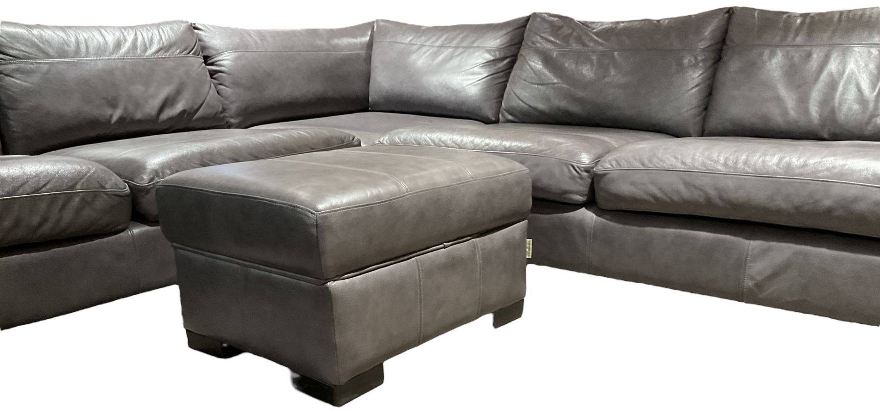 Sofa Workshop - five-seat corner sofa; matching footstool; upholstered in Italian grey leather 