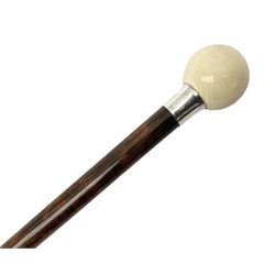 Early 20th century walking cane with turned ivory 'Snooker Ball' handle, inset with red and white enamel ensign, probably shipping line and silver collar by Henry Tracy & Sons, London 1919