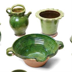 Collection of studio pottery, in green glazes, mostly unmarked, tallest H23cm (7)