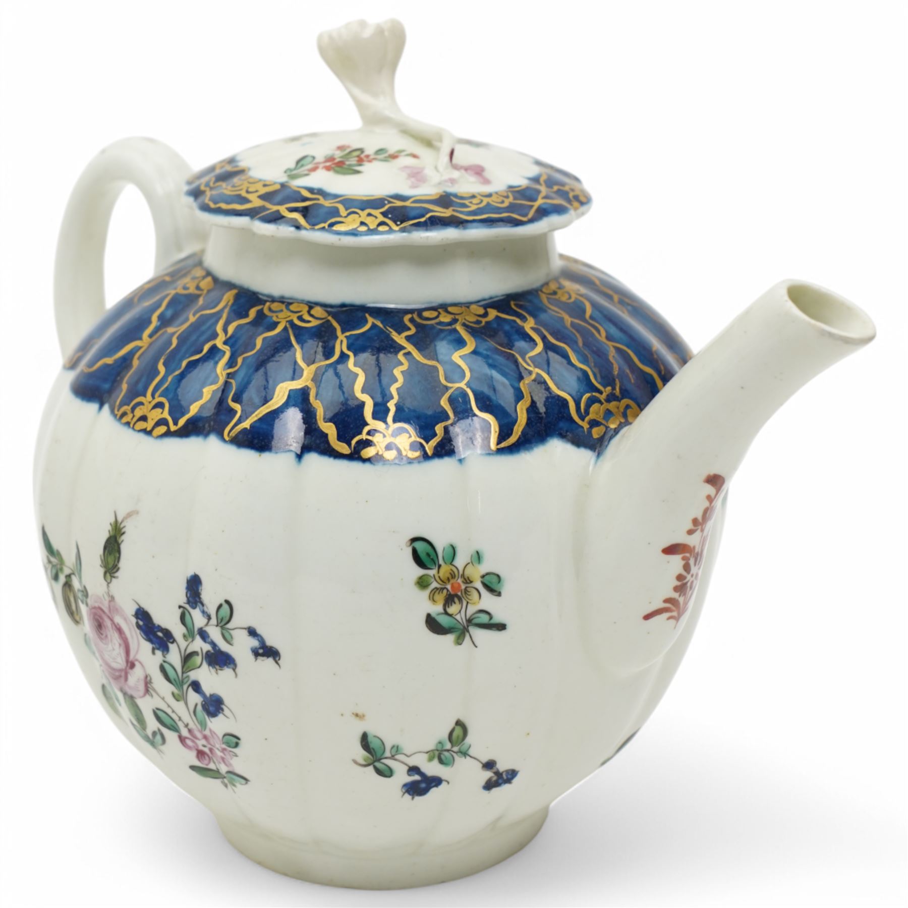 Liverpool Phillip Christian teapot and cover, c. 1775, the reeded body painted with floral sprays beneath a blue border with gilt decoration, the cover with flower-bud finial, H15.5cm; together with an 18th century Worcester teapot, with painted floral decoration (2)
