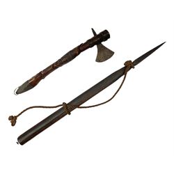 Tribal Art - an African axe, possibly Yoruba, the bone shaft carved as two cord bound stylised figures with iron fan-shaped blade, L35cm overall; and 19th century harpoon or spear head of square section with two long fixing arms on cut-down ash shaft L57cm (2)