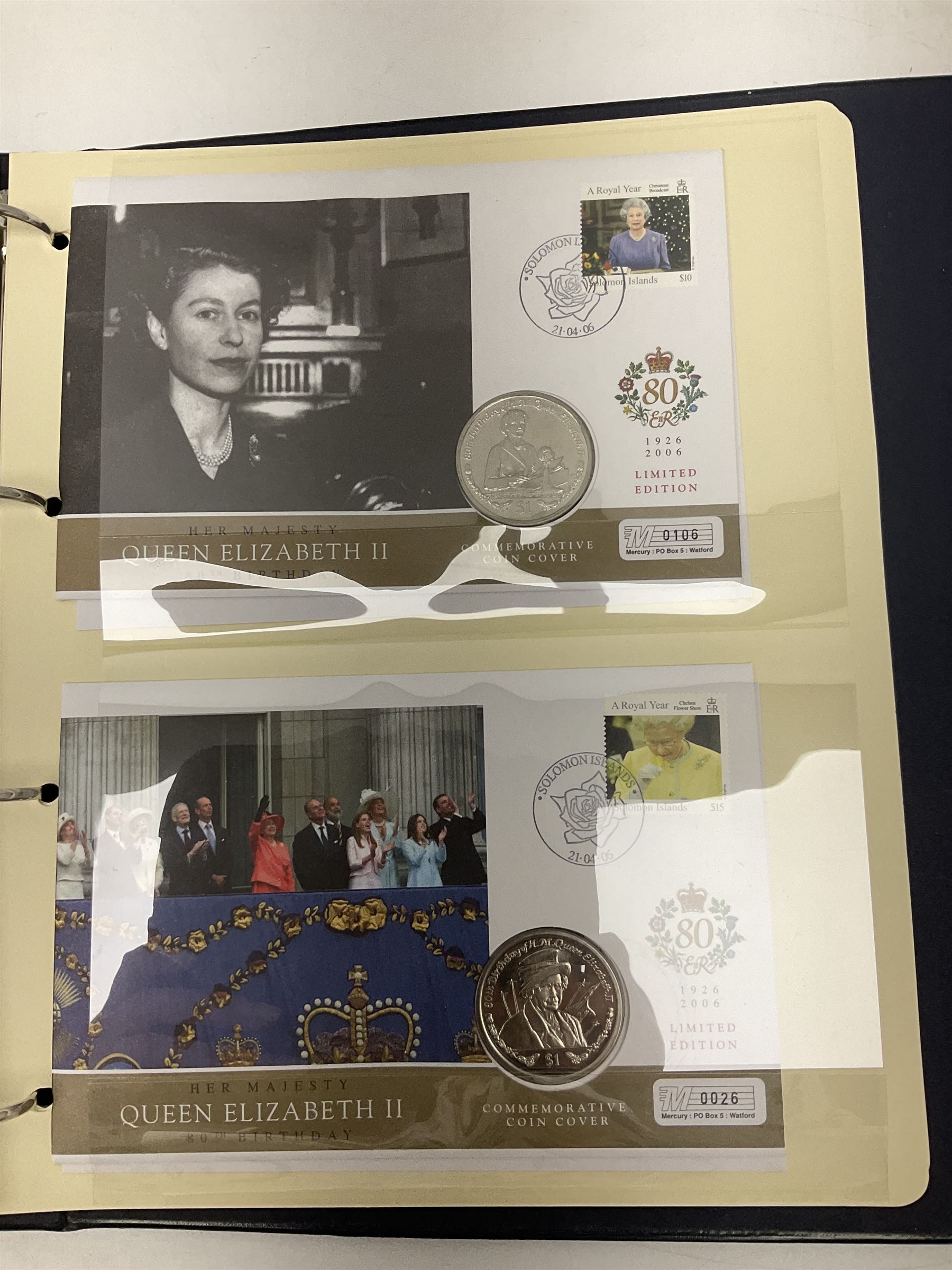 Stamp and coin covers, including 2006 'Her Majesty Queen Elizabeth II 80th Birthday' containing five pounds coin, first day covers relating to Diana Princess of Wales etc, housed in a ring binder folder