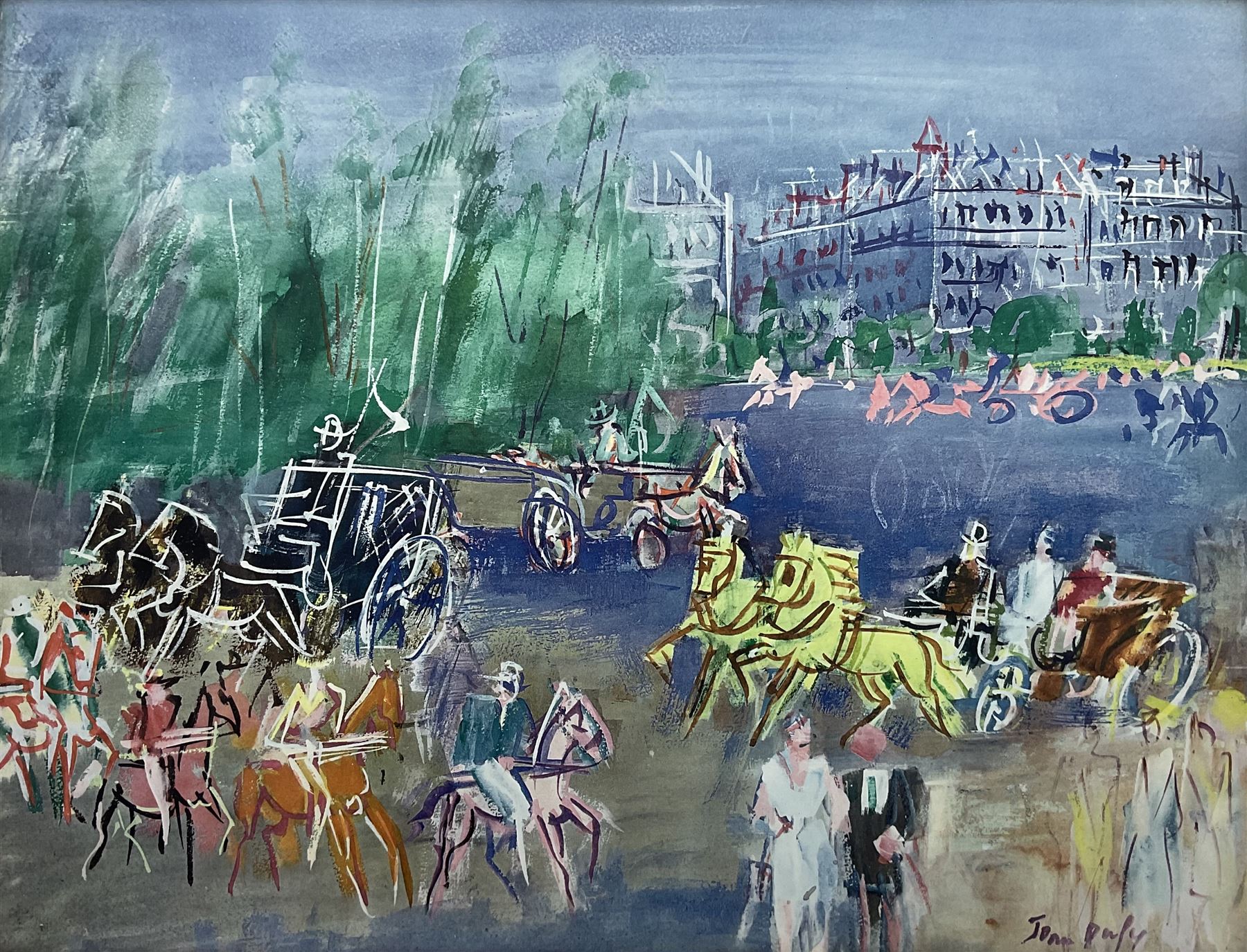 Jean Dufy (French 1888-1964): Parisian Street with Horse and Carriages, mid-20th century colour print 45cm x 58cm