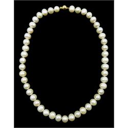 Single strand cultured pearl necklace, with 9ct gold ball clasp, stamped 375