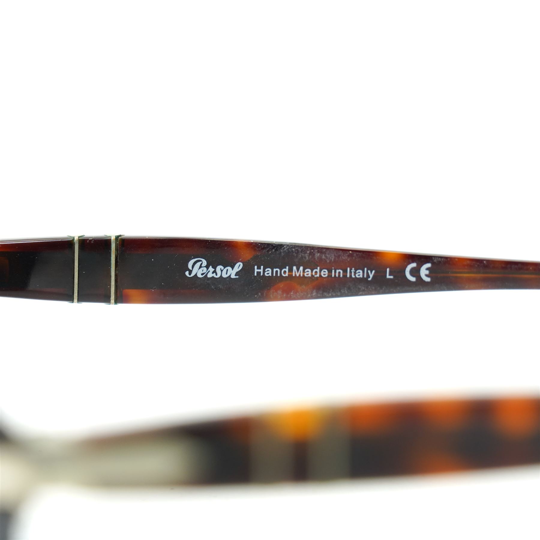 Persol tortoiseshell acetate sunglasses, handmade in Italy, with dark green lenses, signature silver-tone arrow hinges and keyhole bridge, temple interiors stamped Persol and CE marks, together with original Persol leather case