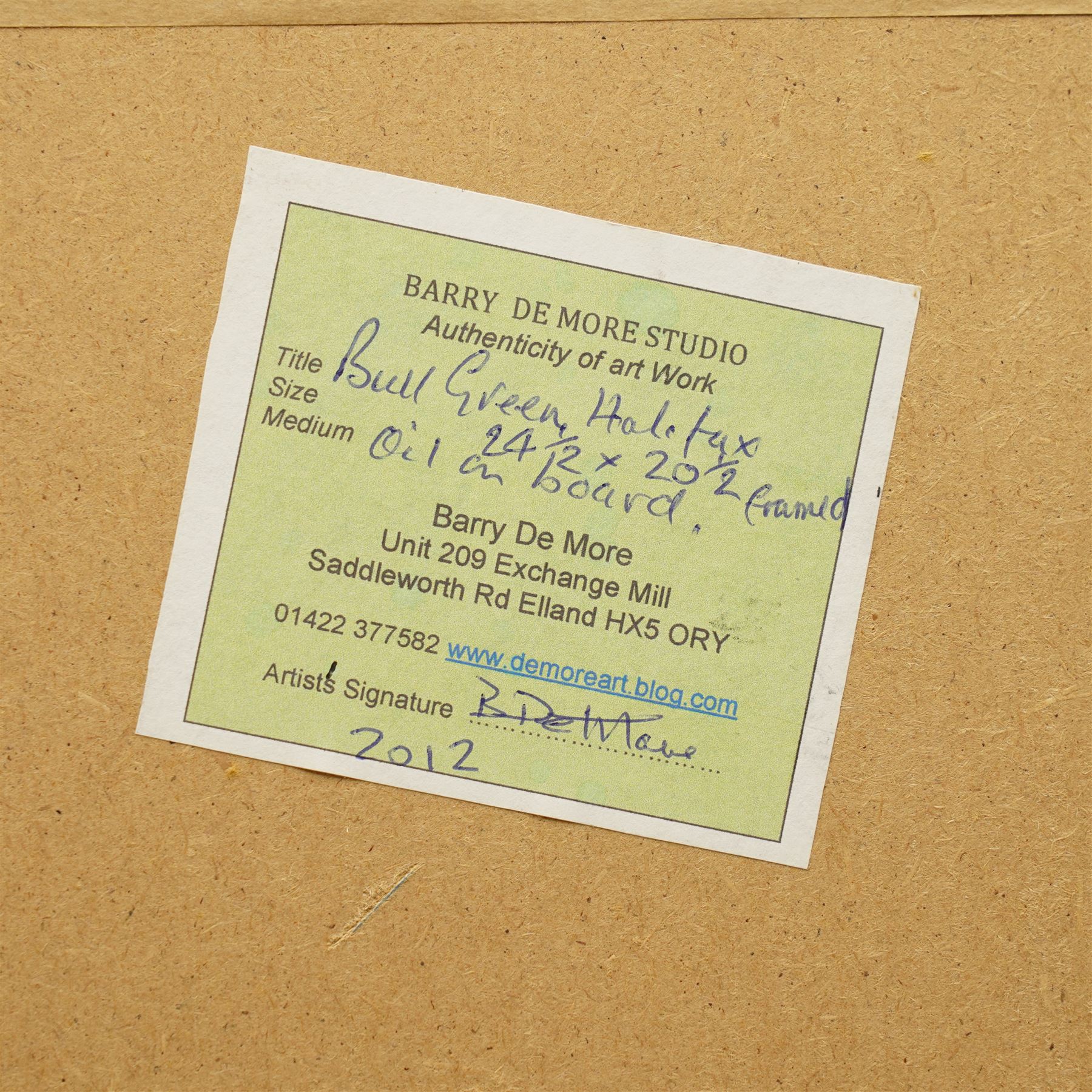 Barry De More (Yorkshire 1948-2023): 'Bull Green Halifax', oil and impasto signed titled and dated 2012 verso 47cm x 56cm
Notes: Acclaimed as one of the North's greatest expressionist artists, Barry De More (1948-2023) used a heavy impasto style to transfer his love of Yorkshire landscapes, townscapes and people to canvas. His work sits comfortably in the company of work by Kossoff and Auerbach, selling to collectors in the UK and overseas. De More's work can be found in the permanent collection of work by Northern Artists at Dean Clough, one of the UK's largest contemporary art galleries.