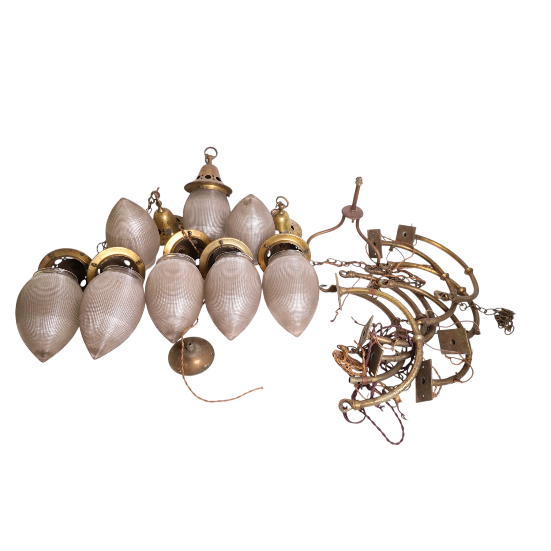 Set of eight French Art Deco Blondel Holophane pendant lights, the glass acorn shades, with pierced brass fittings, shades H35cm