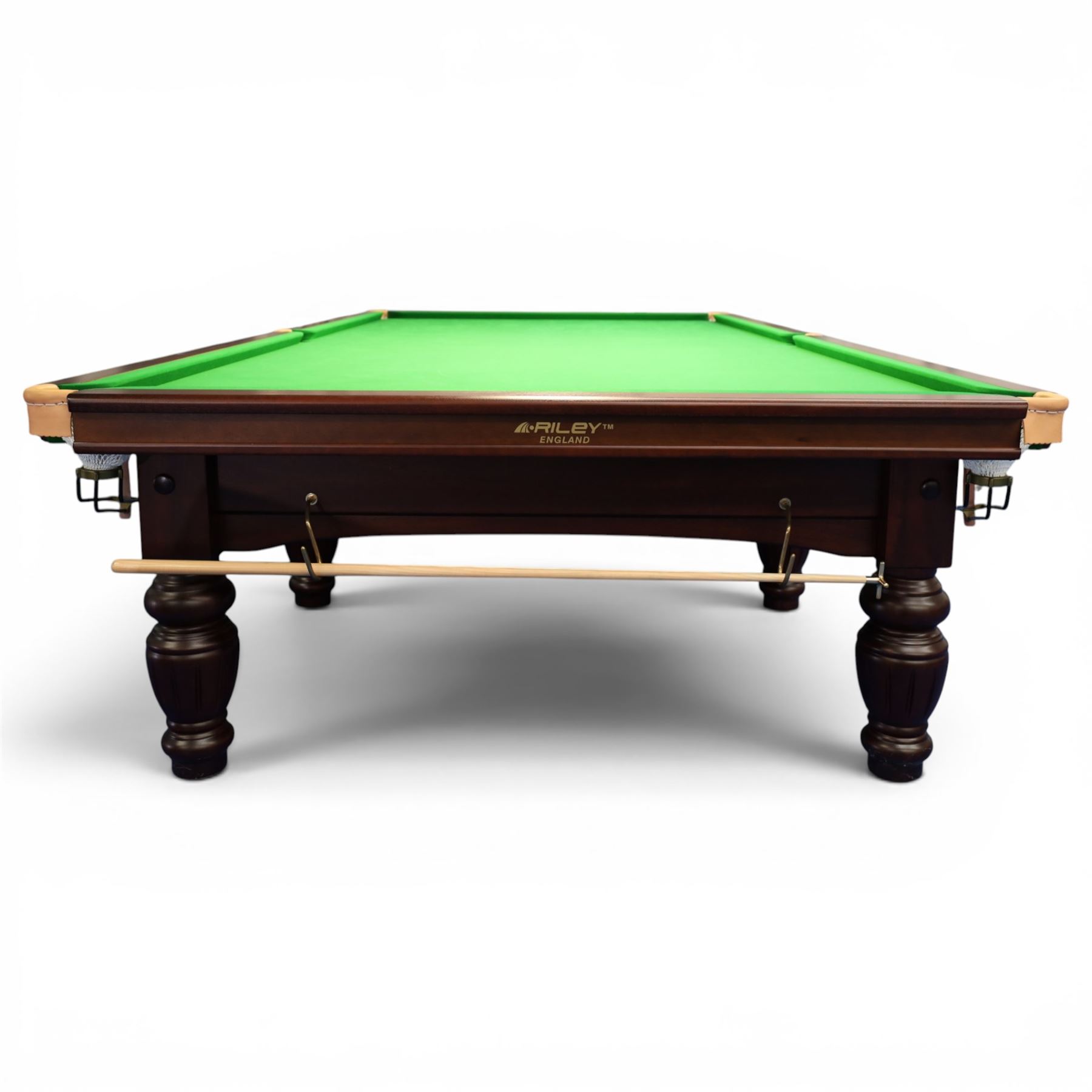 Riley England - full size snooker table, traditional timber framed table fitted with green baize cloth, leather drop pockets, turned legs with stretcher bars, slate bed; with accessories to include, cues and stand, rests, ball, iron, brush and cover