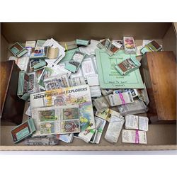 Floral tapestry in a mahogany frame, large collection of cigarette cards, framed tapestry, small microscope and a wooden correspondence box, frame H66cm